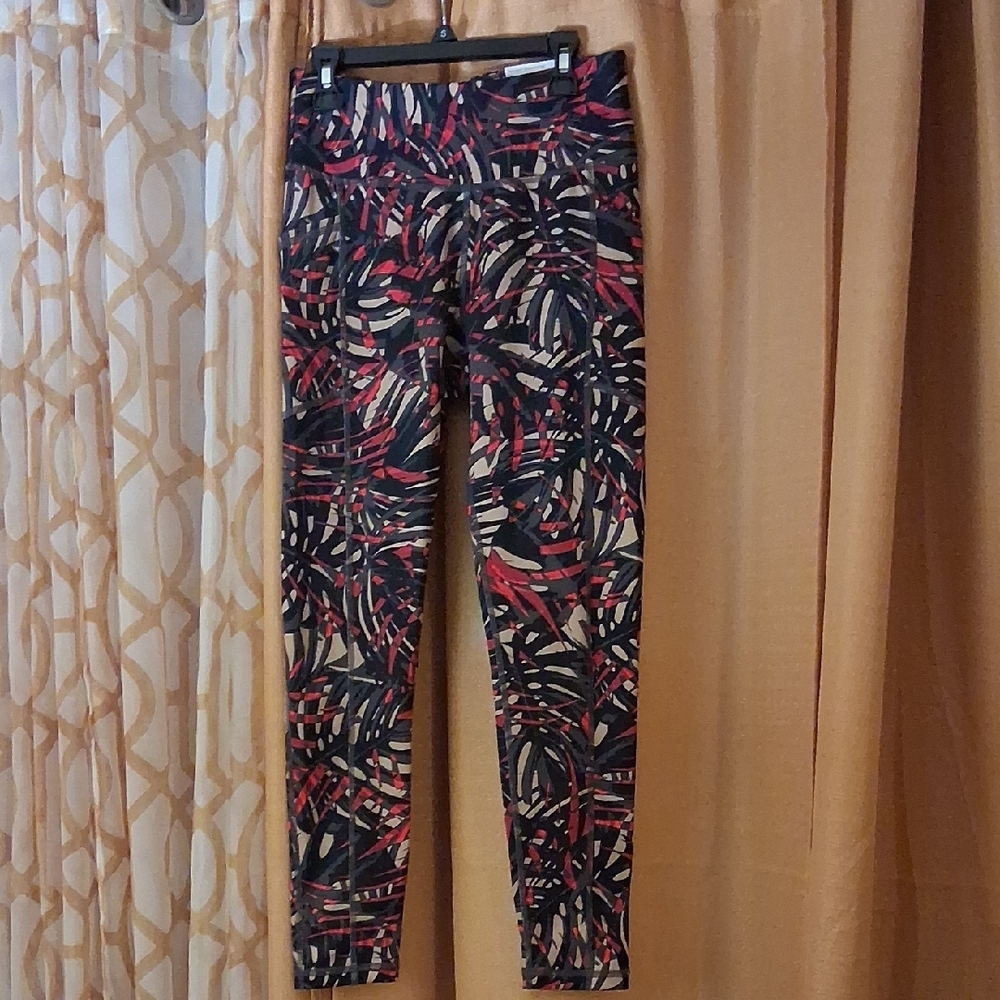 DKNY Sport Black Leggings with Red & Cream Abstract Accents